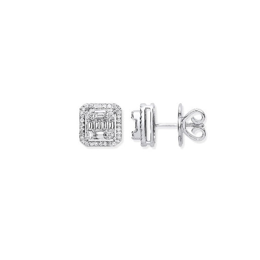 18ct White Gold Round and Baguette Diamond Studs