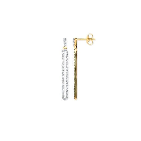 9ct Yellow Gold Long Loop Drop Diamond Earrings