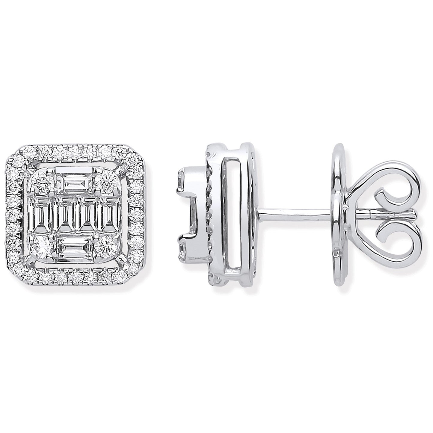 18ct White Gold Round and Baguette Diamond Studs