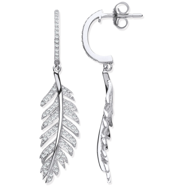 9ct White Gold Feather Drop Diamond Earrings