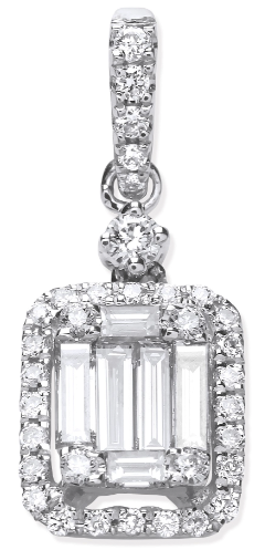 White Gold Baguette & Brilliant Cut Diamond Halo Pendant