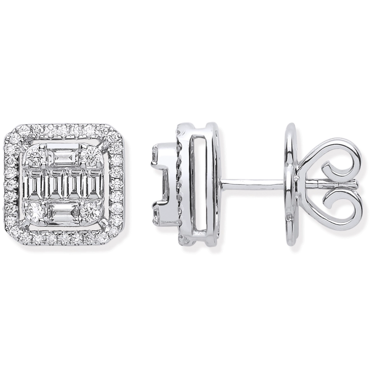 18ct White Gold Round and Baguette Diamond Studs