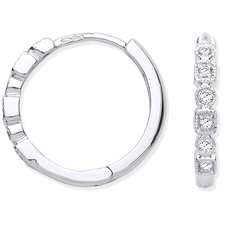 9ct White Gold Round Diamond Hoops