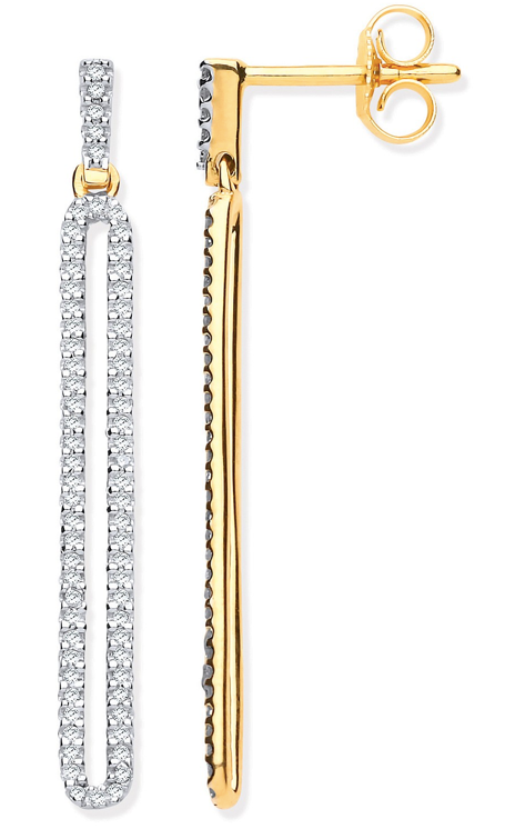 9ct Yellow Gold Long Loop Drop Diamond Earrings