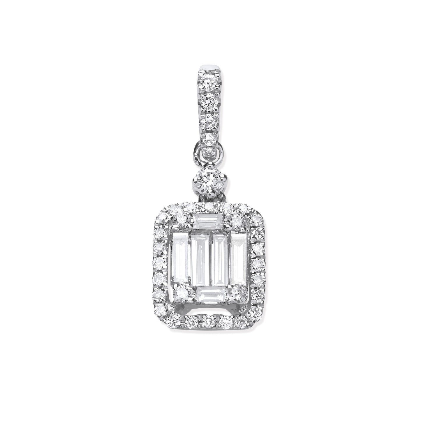 White Gold Baguette & Brilliant Cut Diamond Halo Pendant