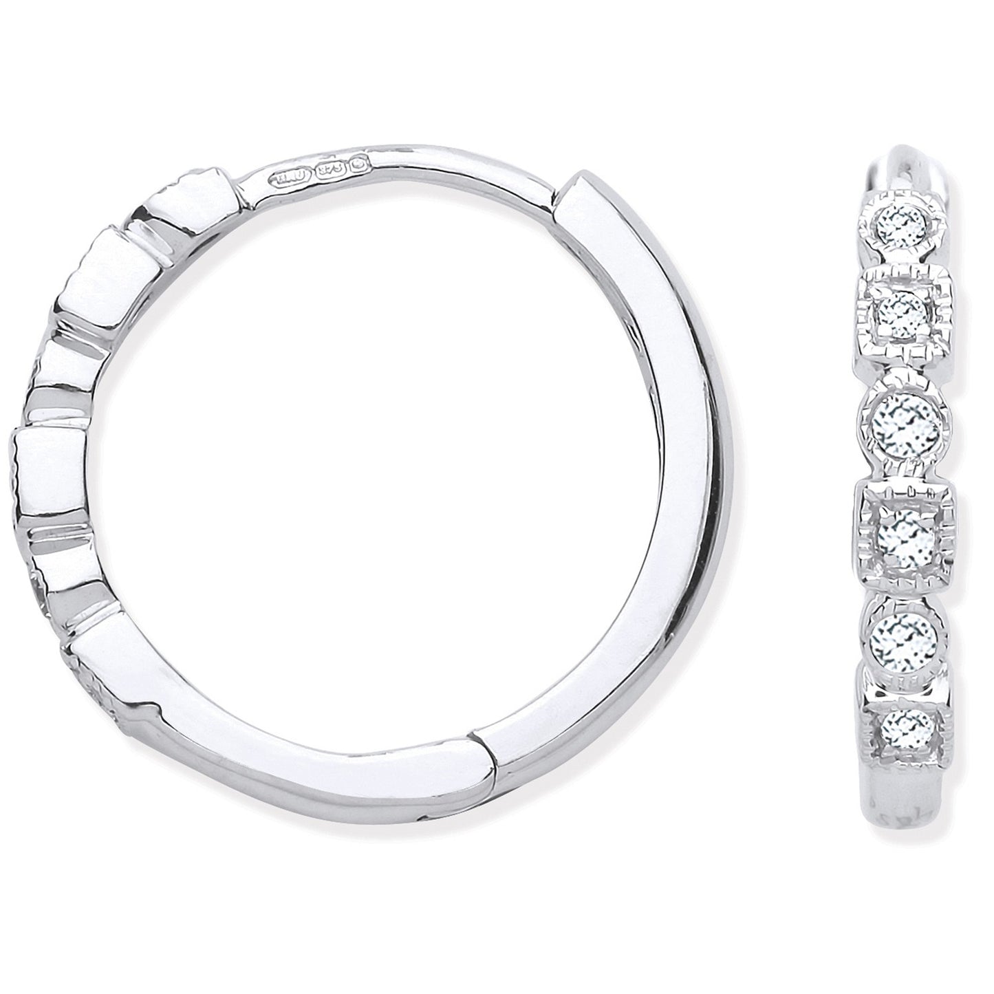 9ct White Gold Round Diamond Hoops